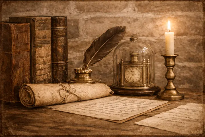 Antiikses stiilis foto töölauast raamatute, küünla ja kellaga